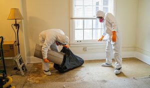 Two Men In Protective Clothing And Masks Conducting Water Damage Assessment And Restoration In A Room