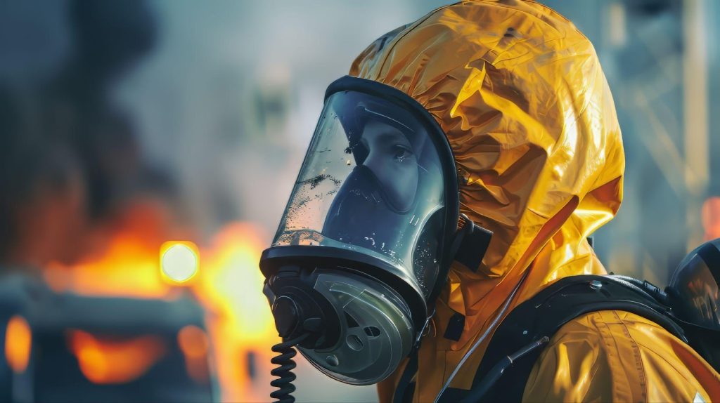A person wearing a gas mask and a yellow jacket, prepared for hazardous conditions
