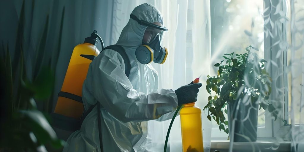 A Person In A Protective Suit Spraying A Window With Disinfectant