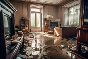 A flooded living room with furniture and a television