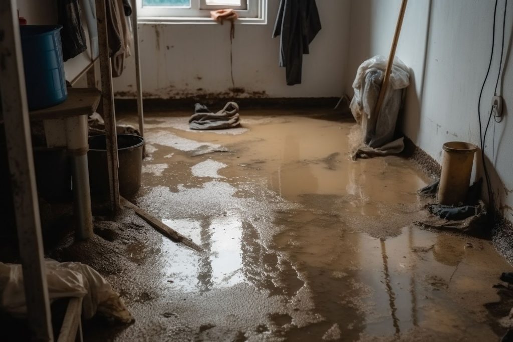 A flooded room featuring a bucket and broom, illustrating the aftermath of water damage and the need for flood cleanup services.