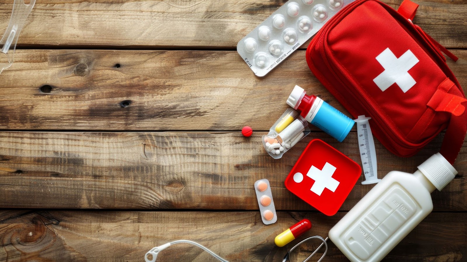 A-first-aid-kit-placed-on-a-wooden-table-surrounded-by-various-medical-supplies-for-emergency-care