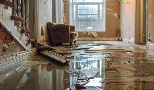 A flooded room featuring a chair and a damaged floor, highlighting the need for professional water restoration services.