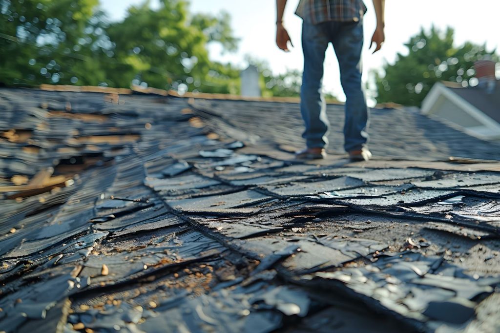 A-man-stands-confidently-on-a-house-roof-looking-thoughtfully-around