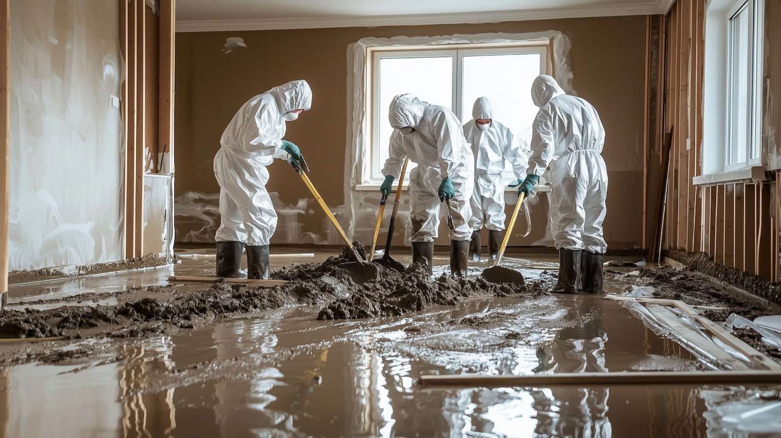 Four men in protective gear conducting water mitigation in a flooded room for a water restoration company.