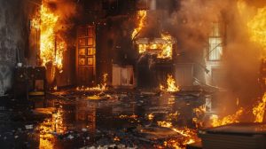 A house engulfed in flames, with smoke billowing, highlighting the aftermath of fire and water damage restoration efforts.