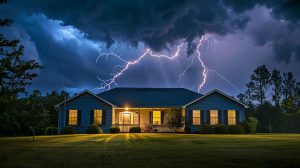 A house under a stormy sky, with lightning striking, highlighting the importance of storm preparedness and damage restoration.