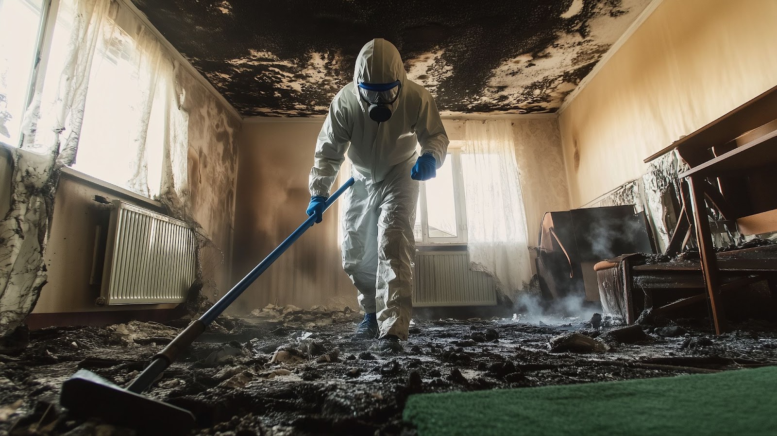 A man in a white suit and blue gloves cleans a room affected by water damage after a fire, focusing on restoration efforts.