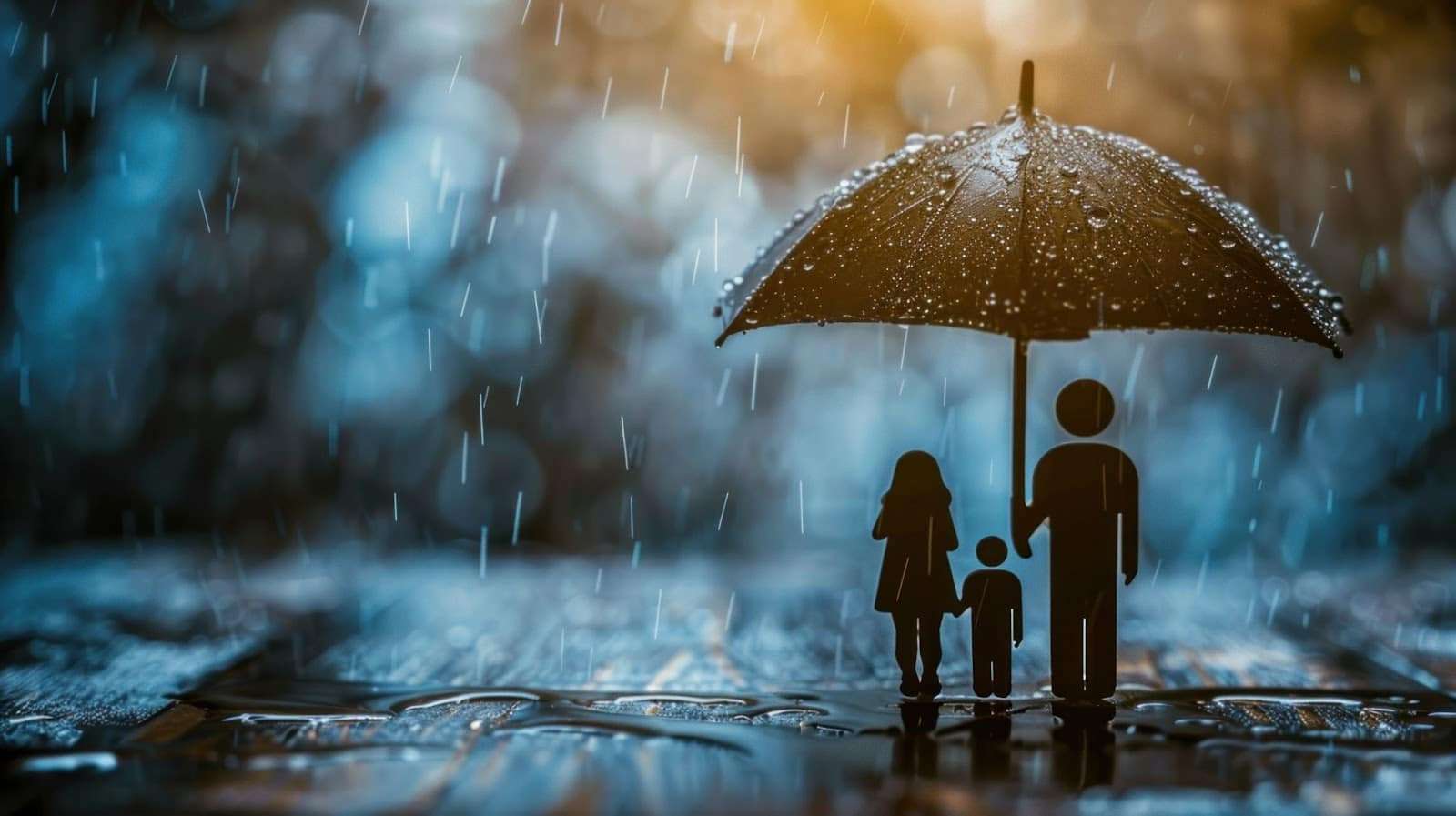 A family silhouette stands under an umbrella, shielding themselves from rain, symbolizing resilience amid storm damage.